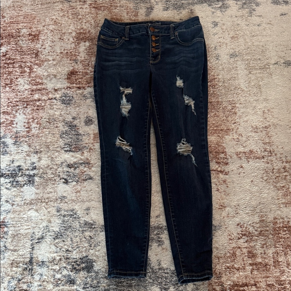 Maurices Dark Blue Distressed Back Pocket Jeggings